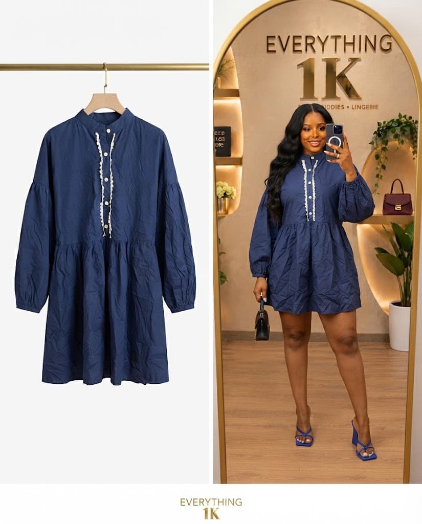 Navy Blue Long-Sleeve Midi Dress with Lace Trim
