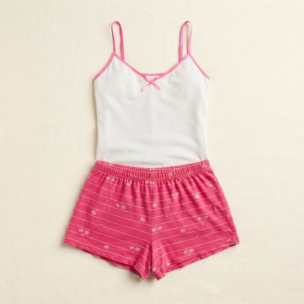 White Cami & Pink Palm Print Shorts Pajama Set