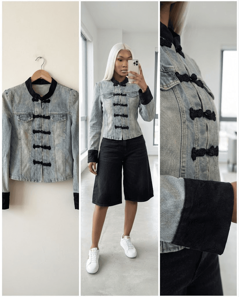 Mandarin Collar Denim Jacket with Black Trim (Regular Fit, Size 8/10)