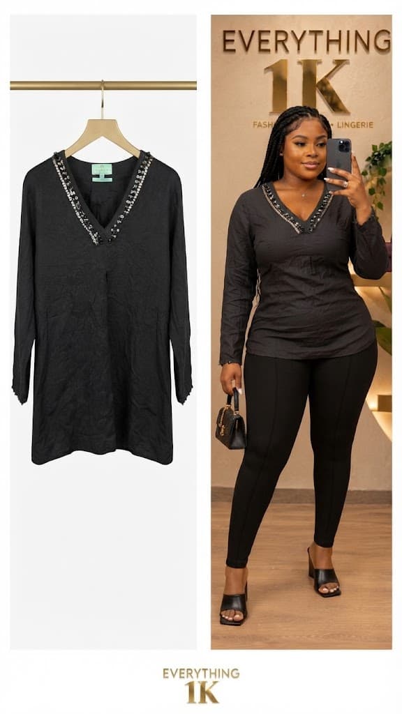 Casual Black Long-Sleeve Tunic with Beaded V-Neck