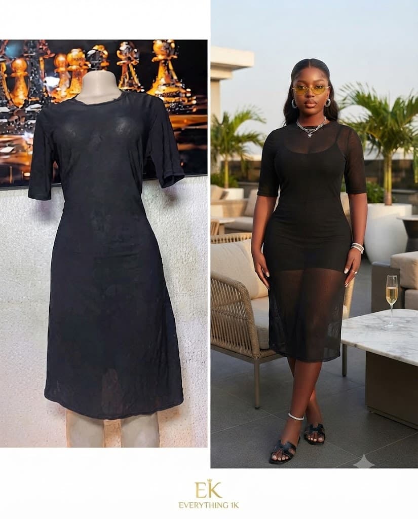 Black Mesh See-Through Midi Shift Dress