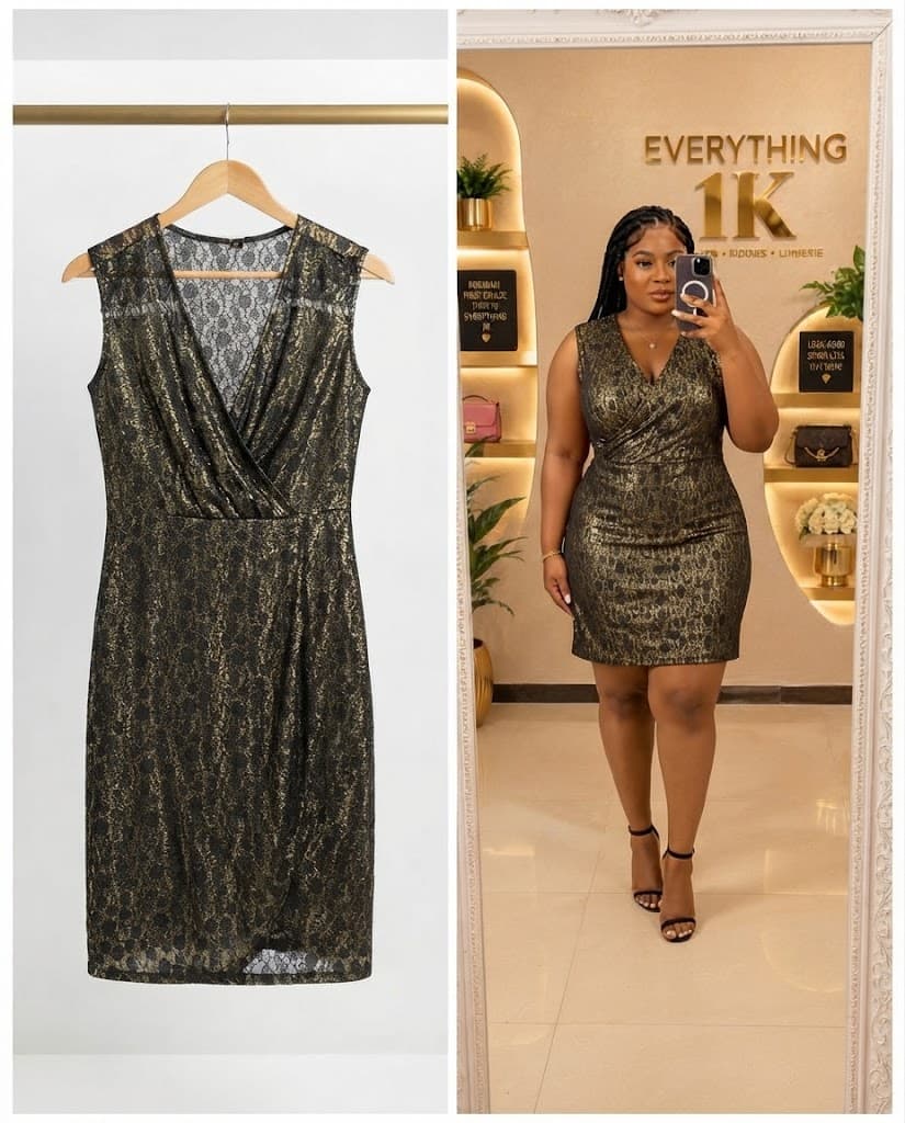 Black and Gold Metallic Lace Wrap Mini Dress