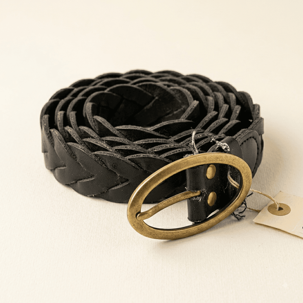 Vintage Black Braided Woven Belt with Oval Buckle