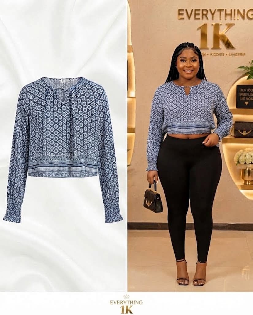 Casual Blue Geometric Print Crop Blouse