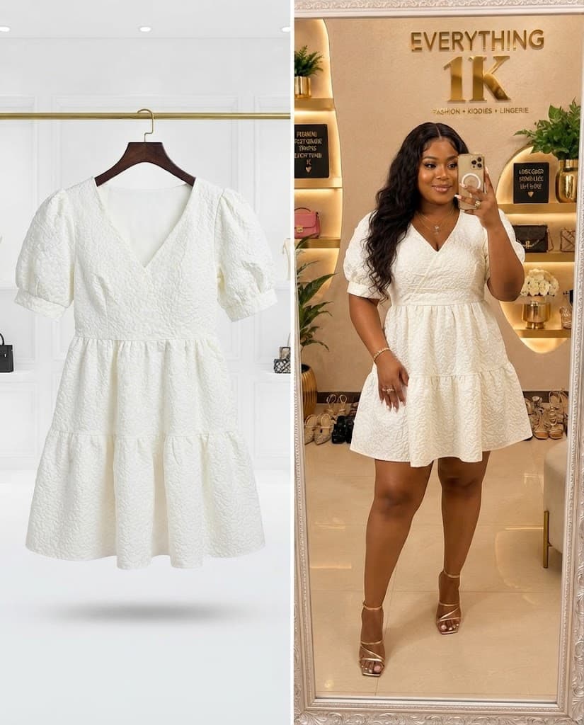 White Textured V-Neck Tiered Mini Dress