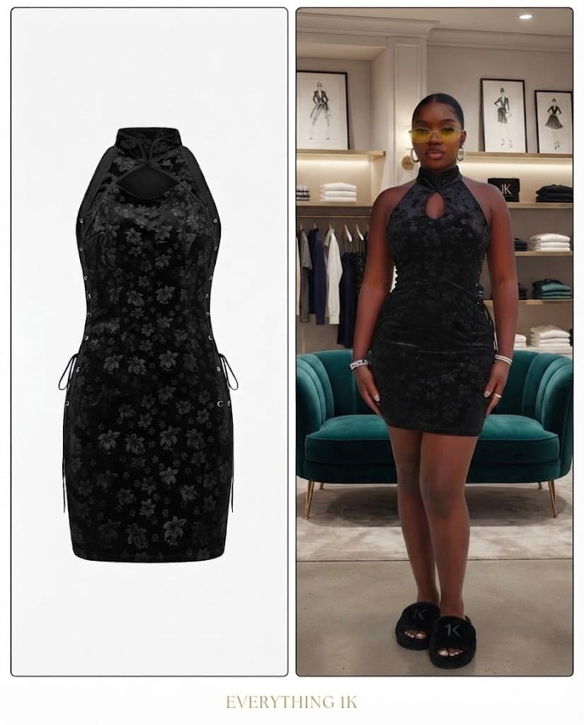 Black Floral Velvet Halter Mini Dress