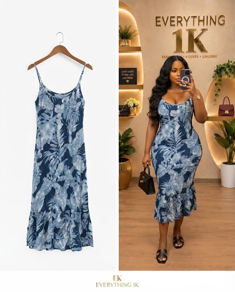 Blue Botanical Ruffle Hem Midi Dress