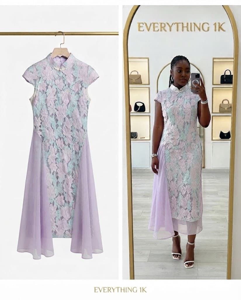 Pastel Purple and Mint Leaf-Patterned Mandarin Collar Dress