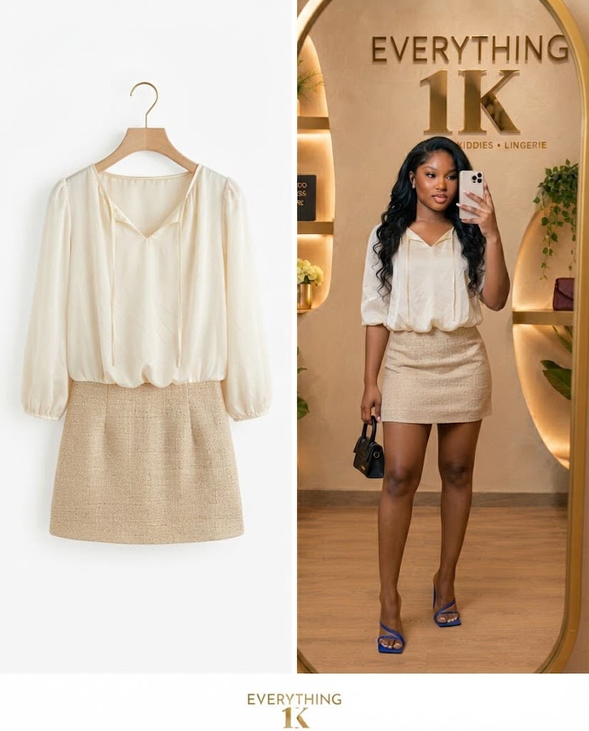 Cream Long-Sleeve Blouse and Tweed Mini Skirt Set