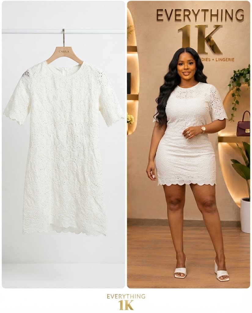 White Eyelet Lace Scalloped Mini Dress