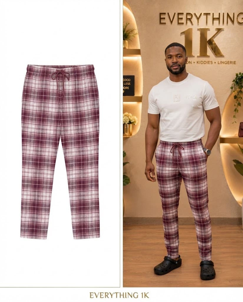 Burgundy & White Plaid Men's Drawstring Trousers