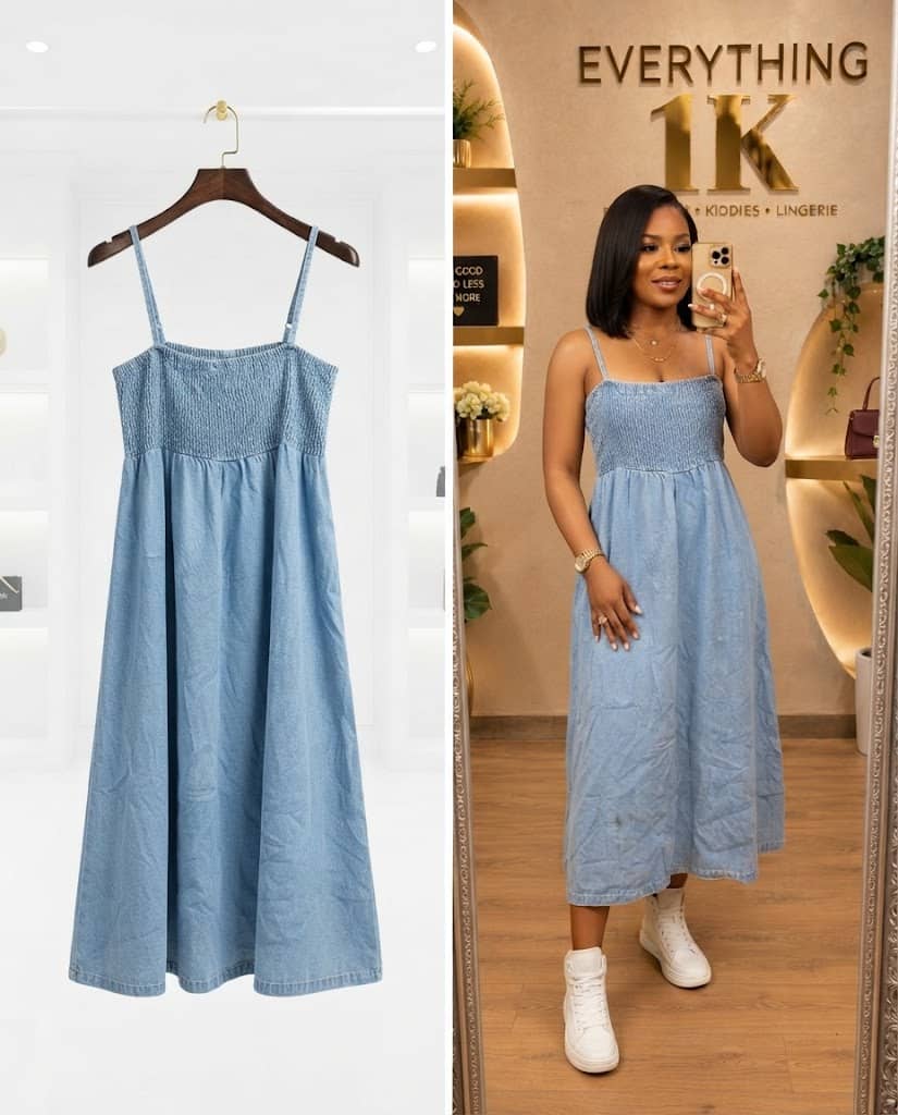 Light Blue Denim Smocked Midi Dress