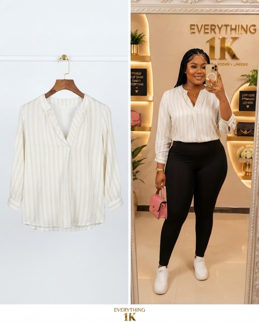 Corporate/Casual White and Beige Striped Long-Sleeve Blouse