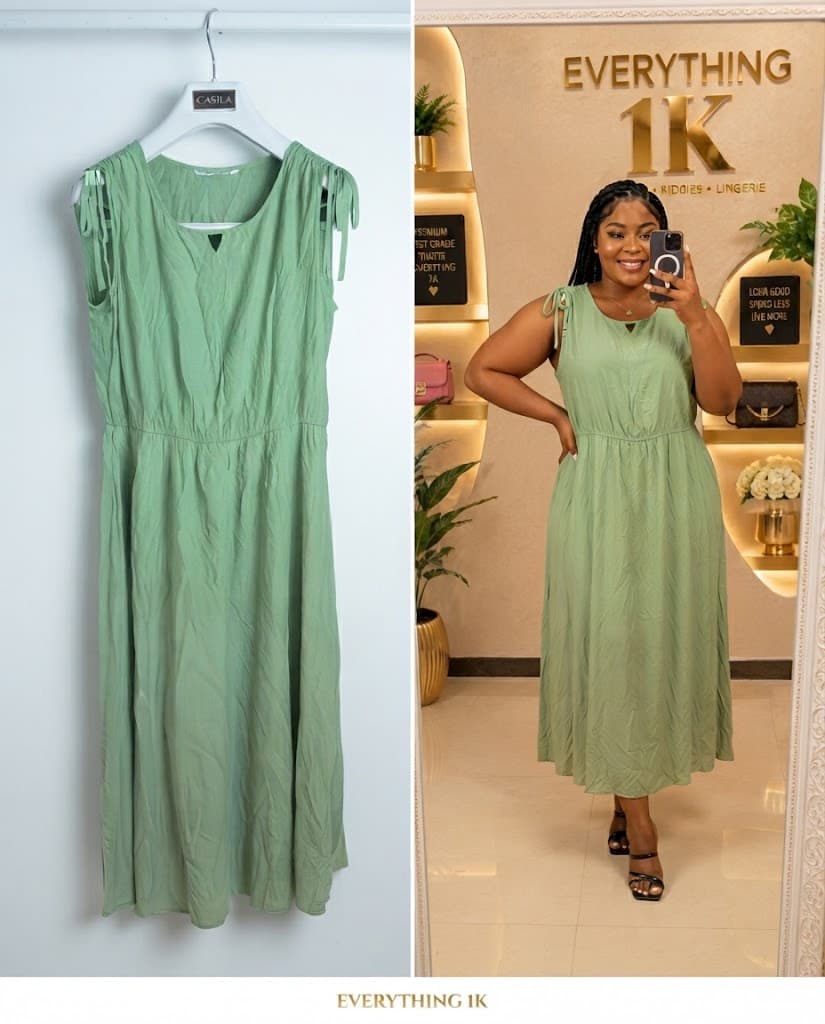 Sage Green Sleeveless Midi Dress with Tied Straps