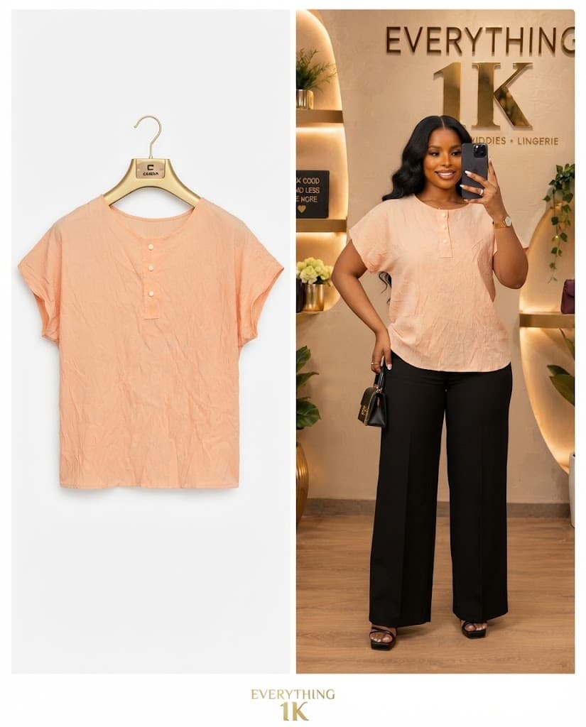 Casual Peach Short-Sleeve Button-Front Top