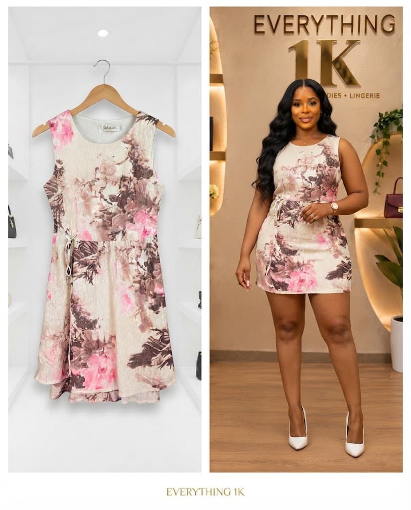 Beige & Pink Floral Waist-Tie Dress