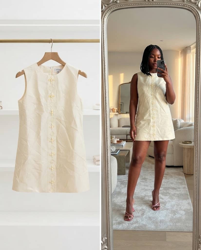 Cream Sleeveless Shift Dress With Floral Embroidery Detail
