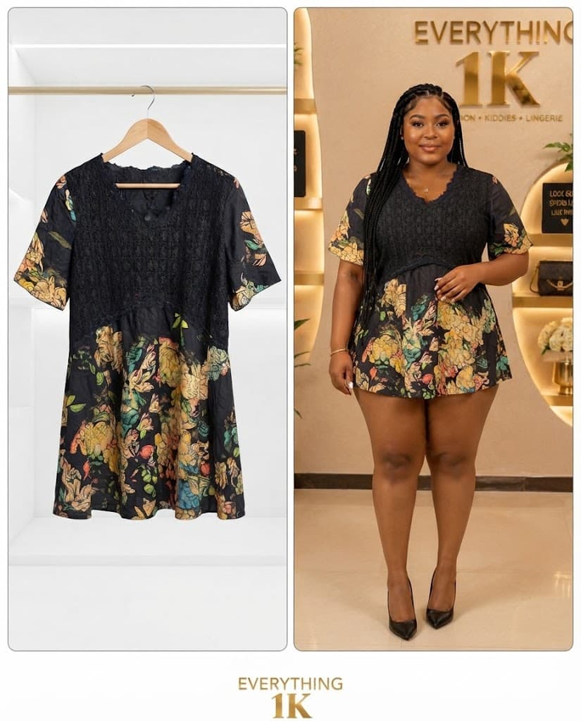 Black Floral Lace-Panel Mini party Dress