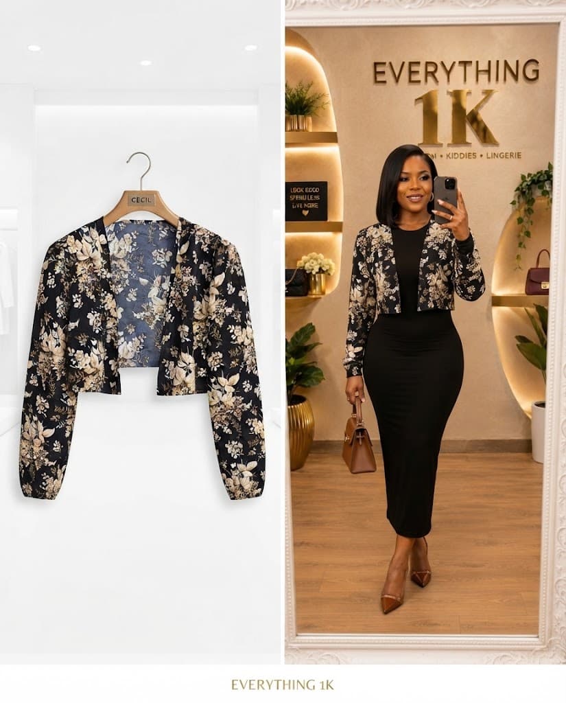Black Floral Party Crop Jacket with Long Sleeves
