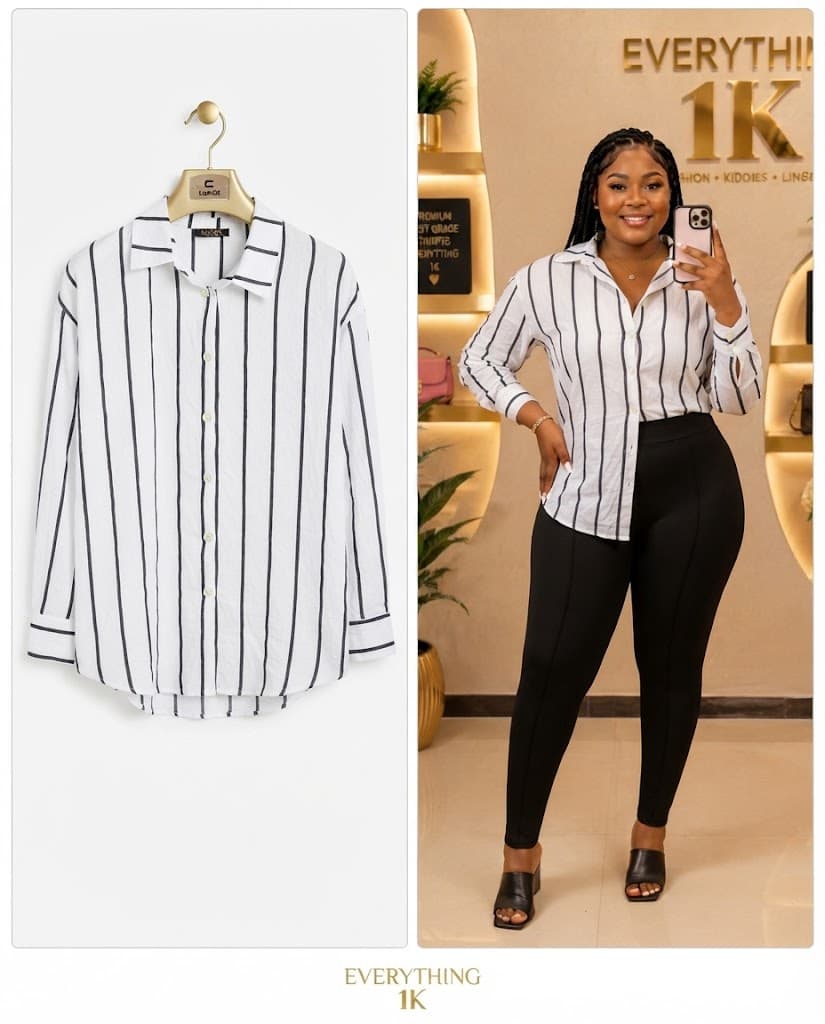 White and Black Striped Button-Down Shirt