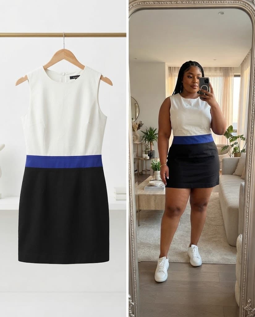 White and Black Colorblock Mini Dress with Blue Accent