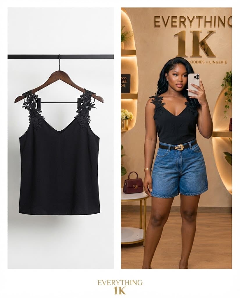 Black Camisole with Floral Lace Straps