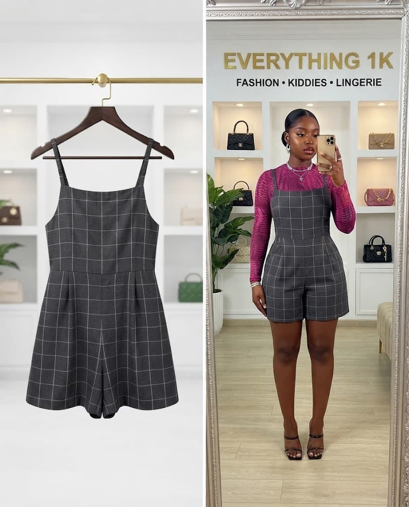 Charcoal Grey Grid-Check Square-Neck Romper