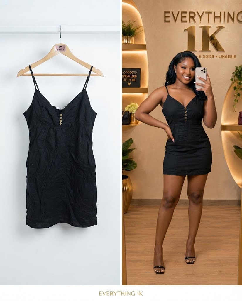 Black V-Neck Spaghetti Strap Mini Dress Des