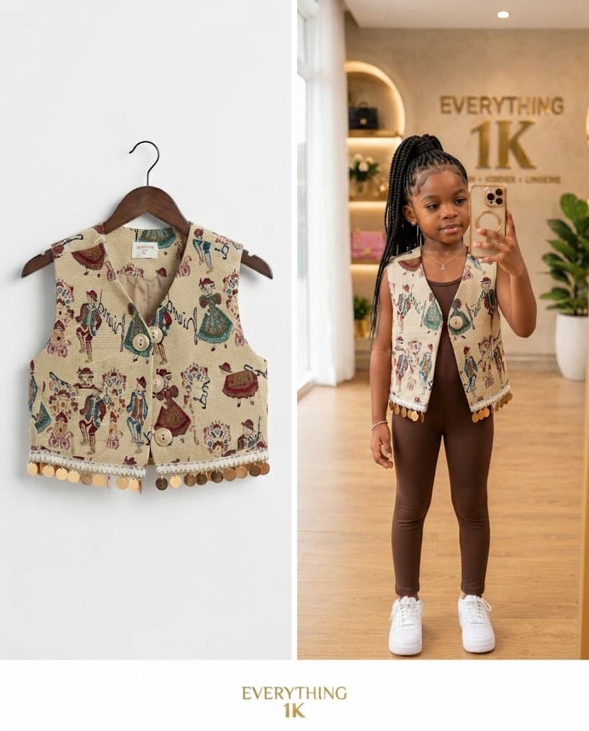 Pre-loved unisex Tapestry Style Button Vest with Coin Fringe 5-7years,