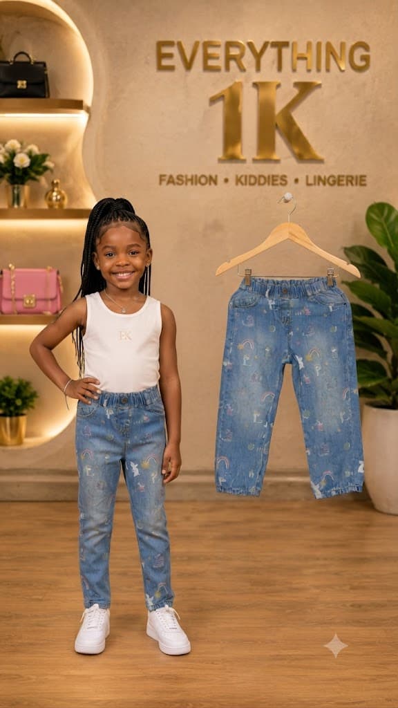 Girls Rainbow & Unicorn Print Light Wash Denim Pants (Ages: 3–5 Years)