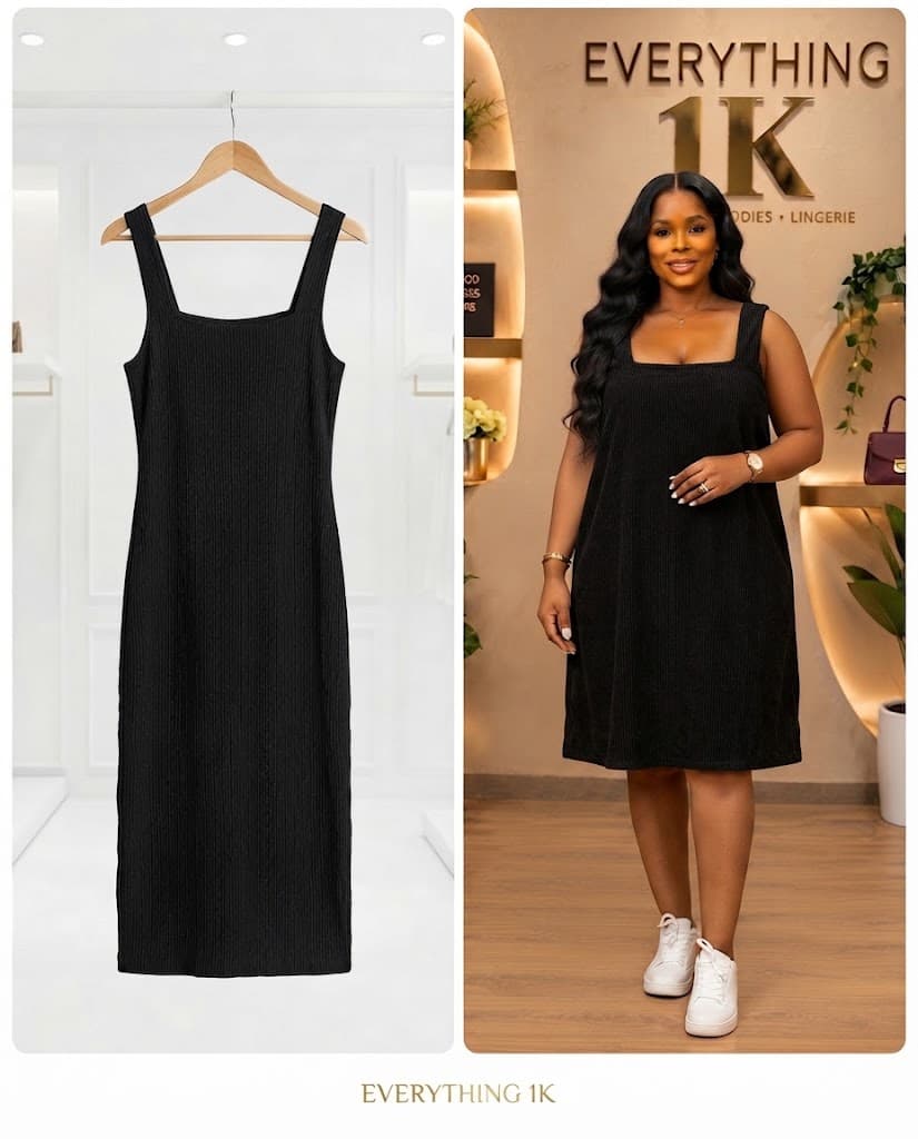 Black Textured Ribbed Square-Neck Dress