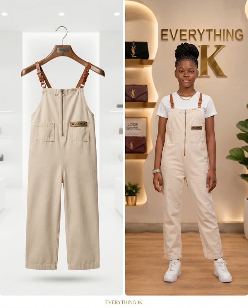 Beige unisex Utility Jumpsuit with Leather Straps (Ages 11-12)