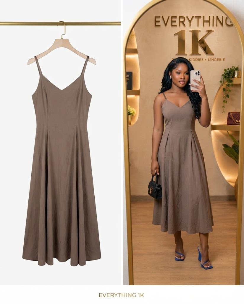 Mocha Brown Spaghetti-Strap Midi Dress