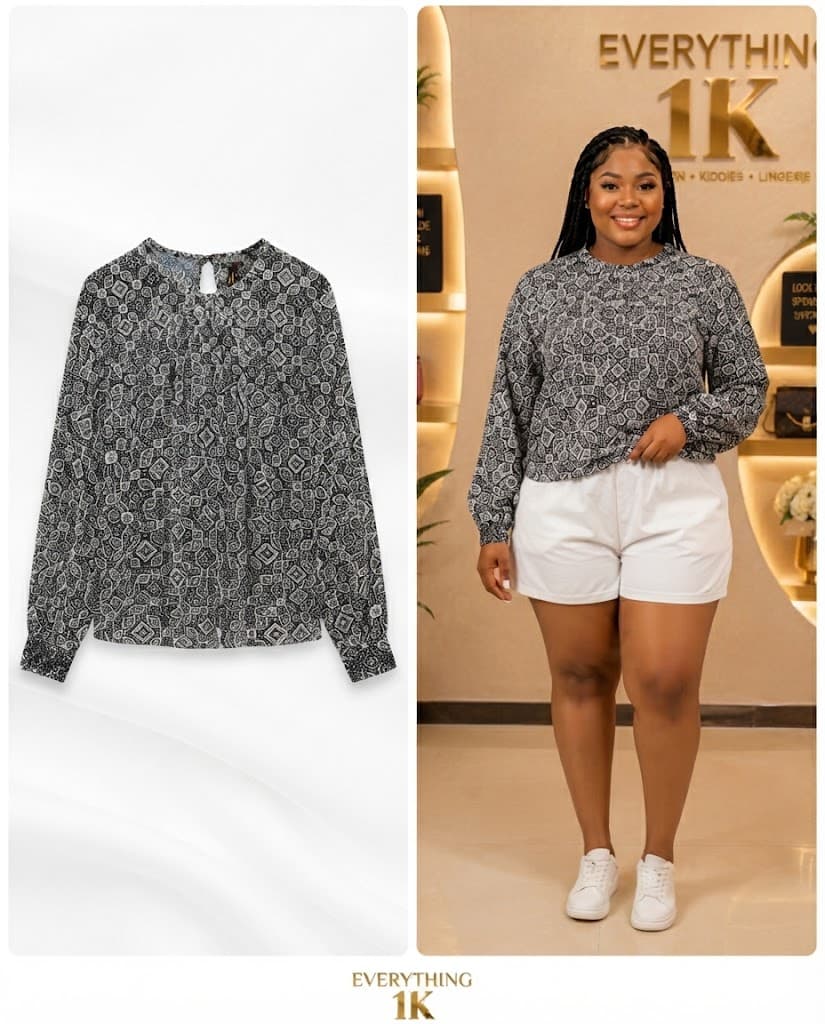 Casual Black and White Geometric Print Blouse