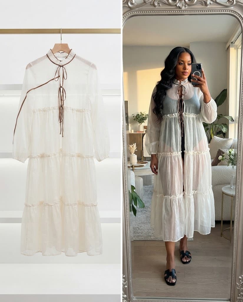 Cream Ruffled Mock-Neck Tiered Midi Dress
