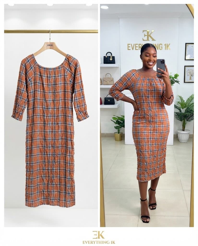 Rust Plaid Gathered Midi casual Dress
