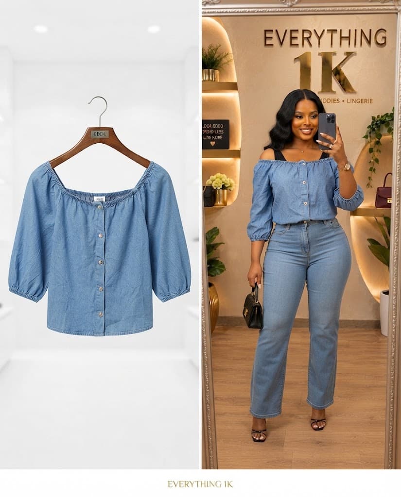 Blue Denim Off-Shoulder Casual Blouse