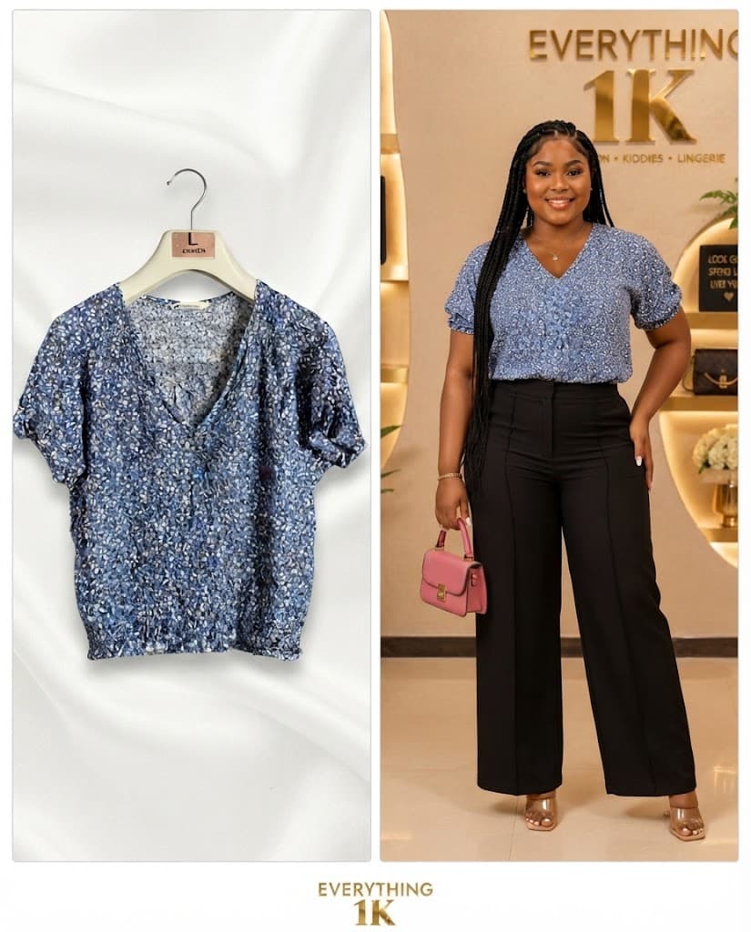 Casual Blue and White Floral Print Short-Sleeve Chiffon op