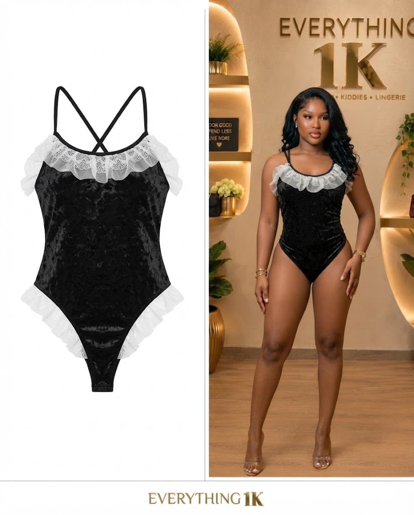 Black Velvet & White Lace Ruffle Bodysuit Lingerie