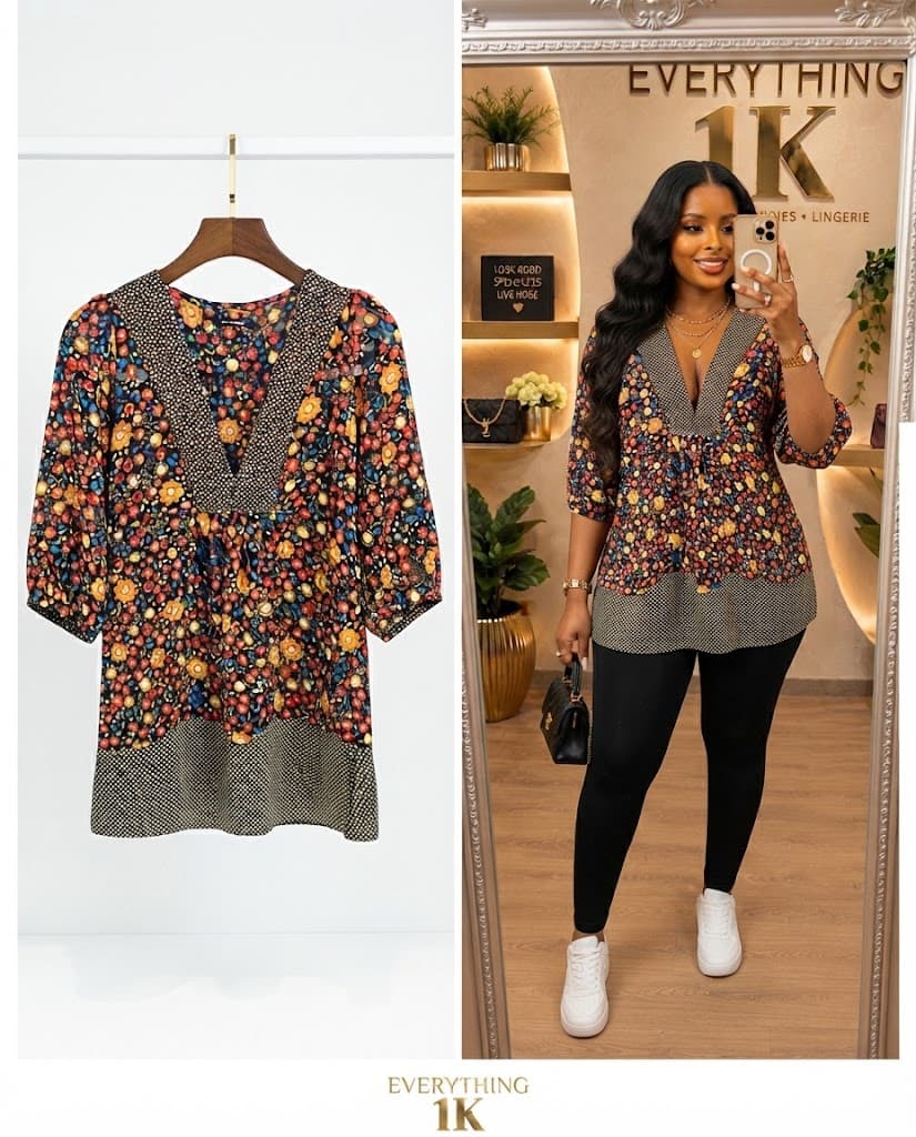 Corporate Floral Print V-Neck Tunic Top