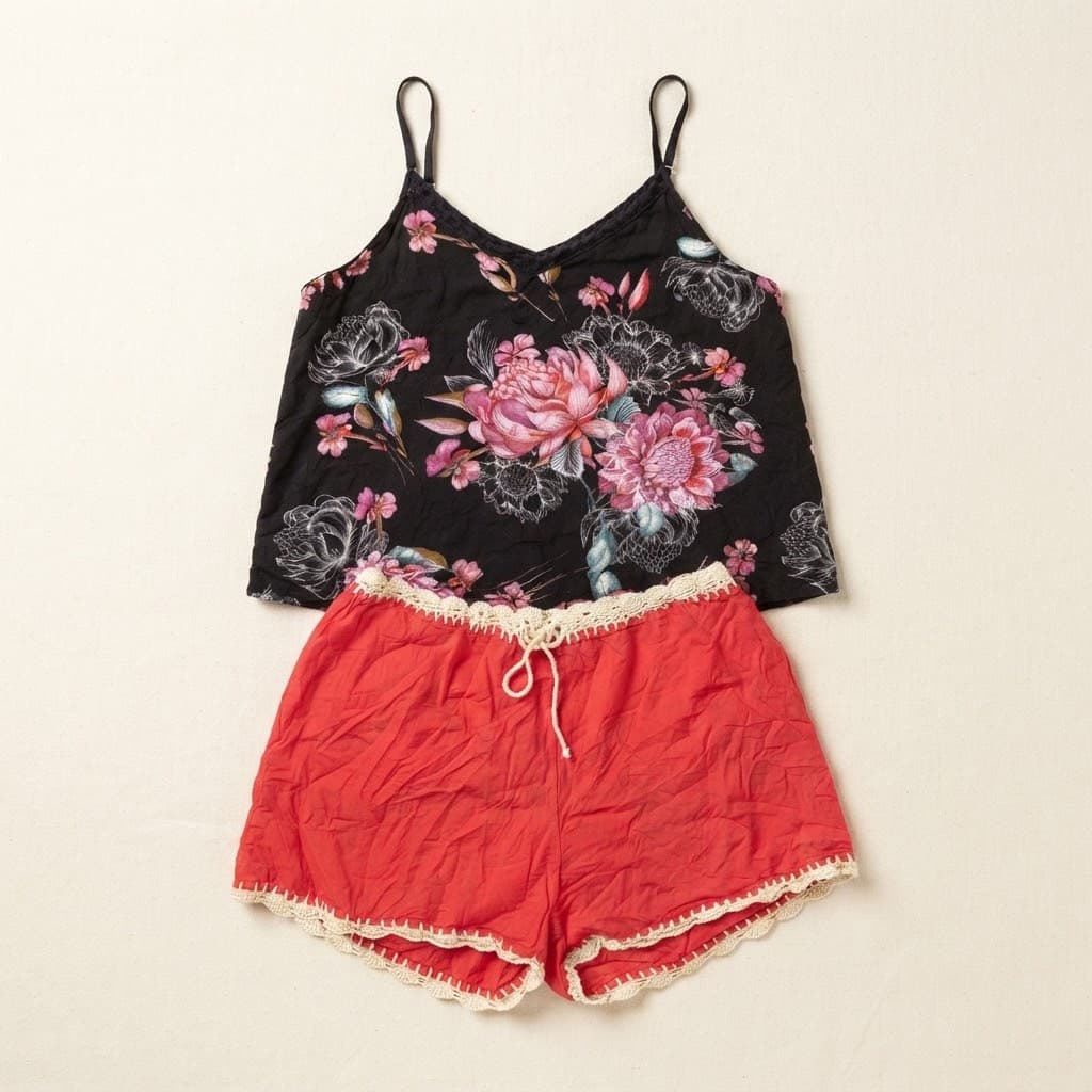 Black Floral Cami & Red Crochet-Trim Shorts Set