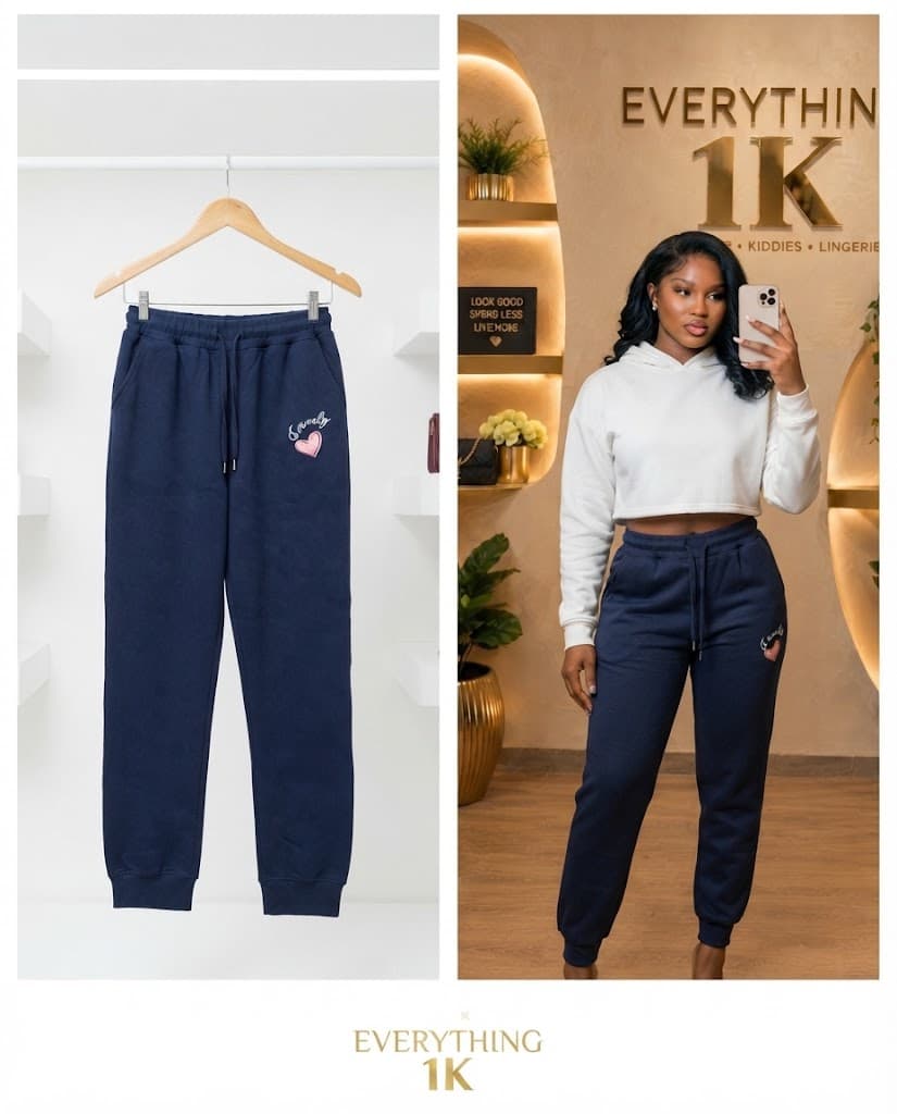 Navy Blue Drawstring Joggers with Heart Detail (Regular Length, Size (8-10)
