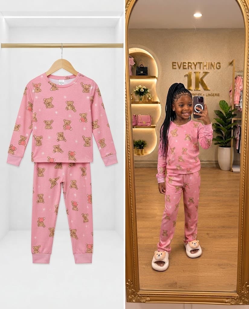 Girls Two-Piece Pink Sparkle Teddy Bear Fleece Pajama Set 3-5years