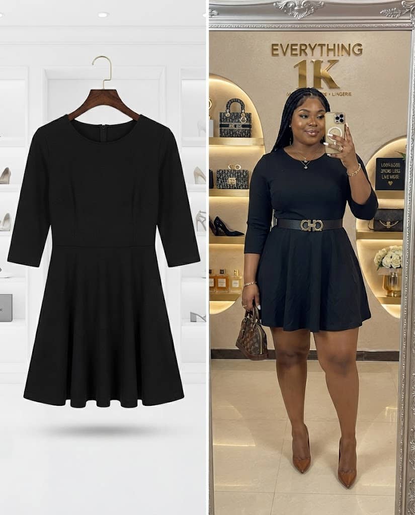 Three-Quarter Sleeve Flared Mini Dress