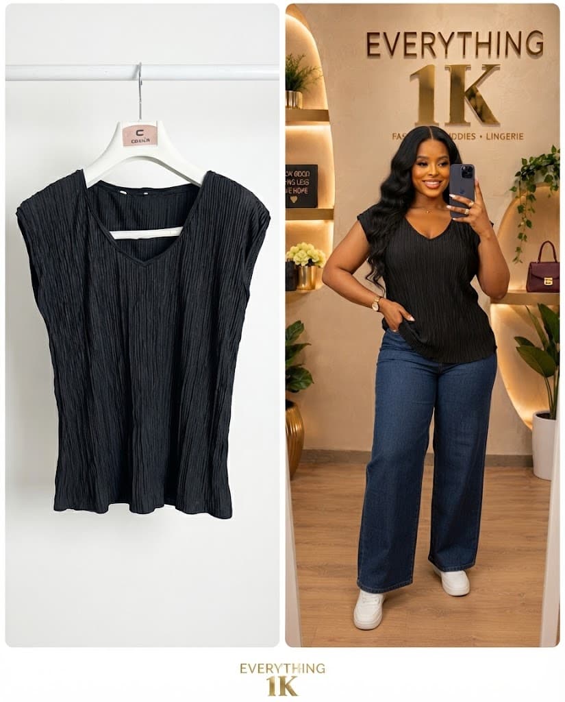 Casual Black Pleated V-Neck Shell Top