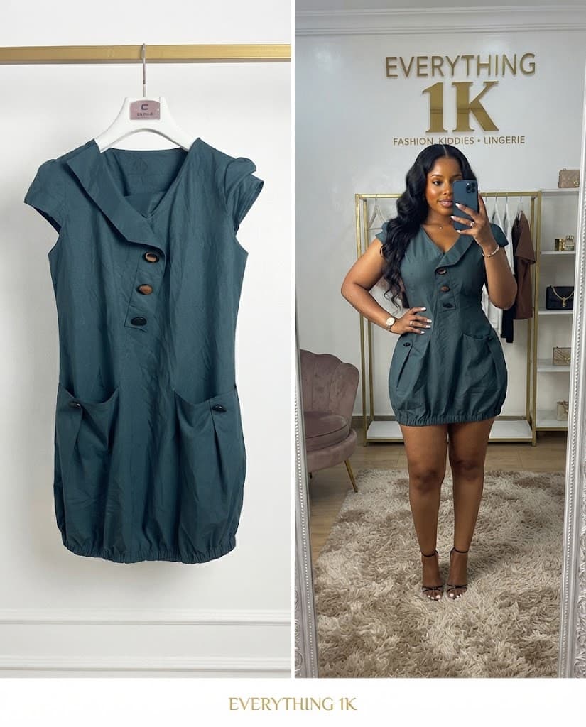 Dark Teal Lapel Button-Front Mini Bubble Dress