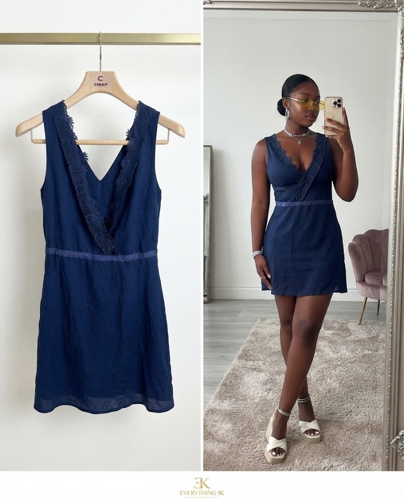 Navy Blue Sleeveless V-Neck Mini Dress with Lace Trim