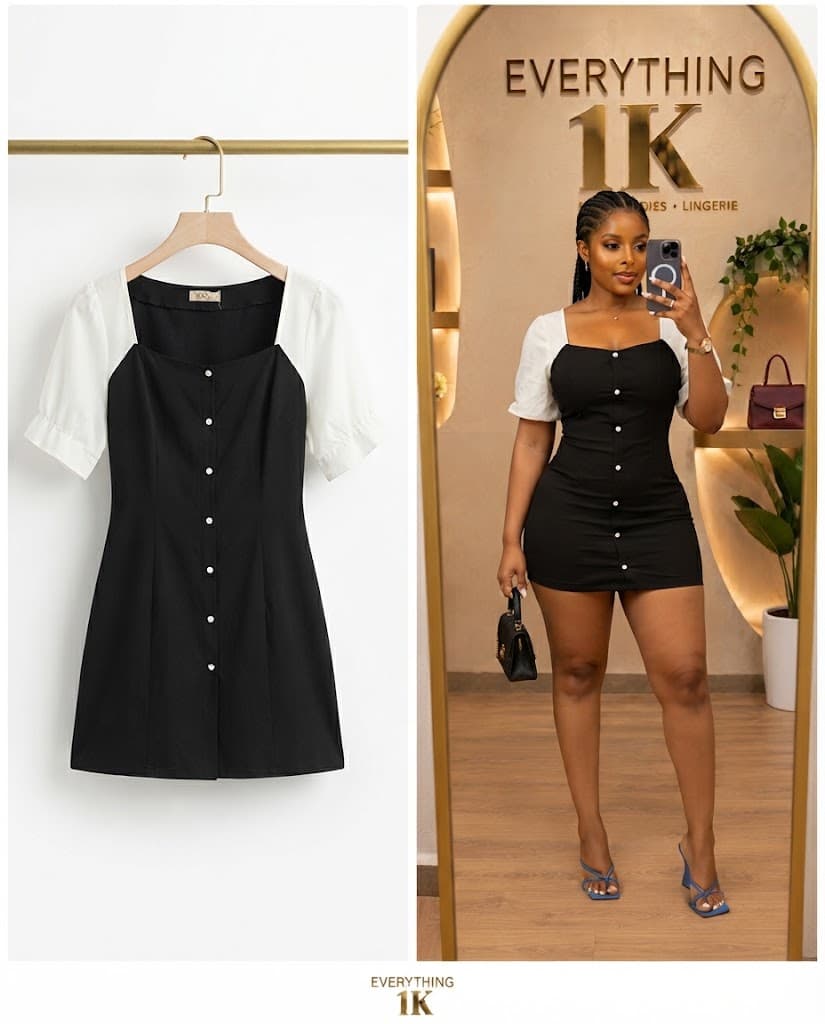 Black and White Contrast Sleeve Button-Down Mini Dress