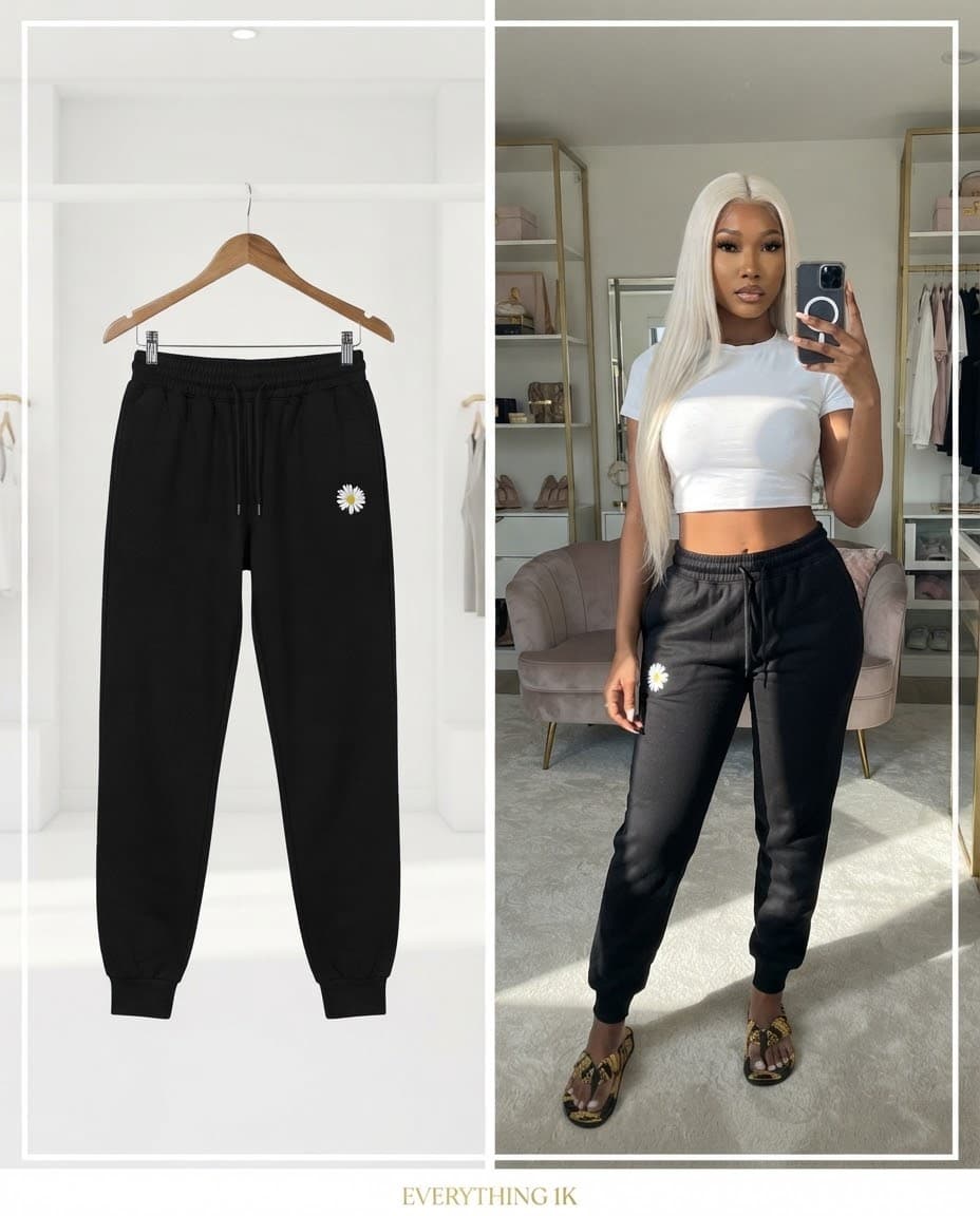 Black Daisy-Print Drawstring Joggers (Regular Length, Size 8-10)