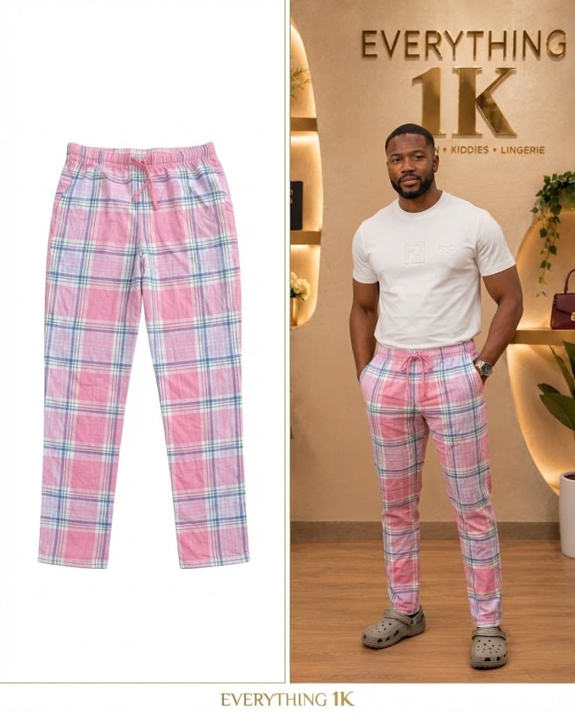 Pink & Blue Plaid Men’s Drawstring Lounge Trousers